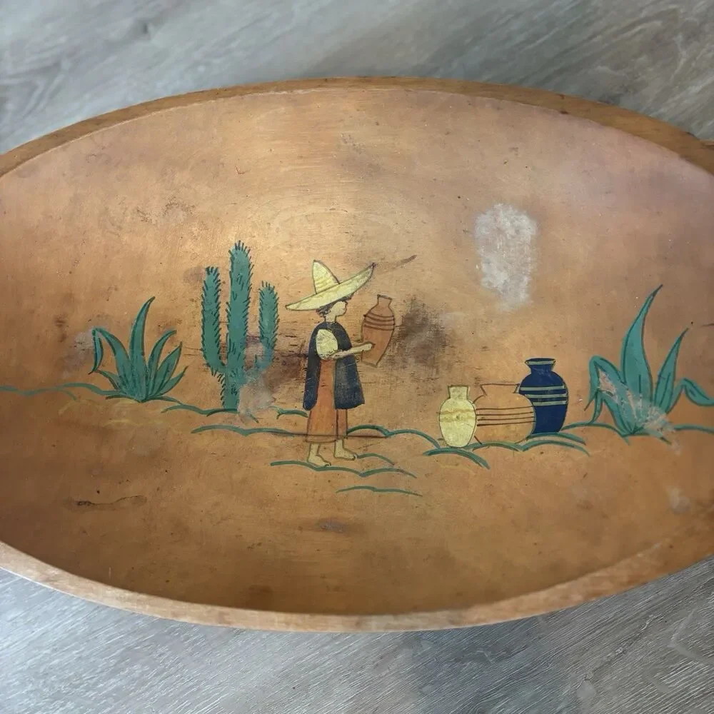 ⁠1930s VTG HandPainted Wood DoughBowl Mexican Southwestern Cactus 17